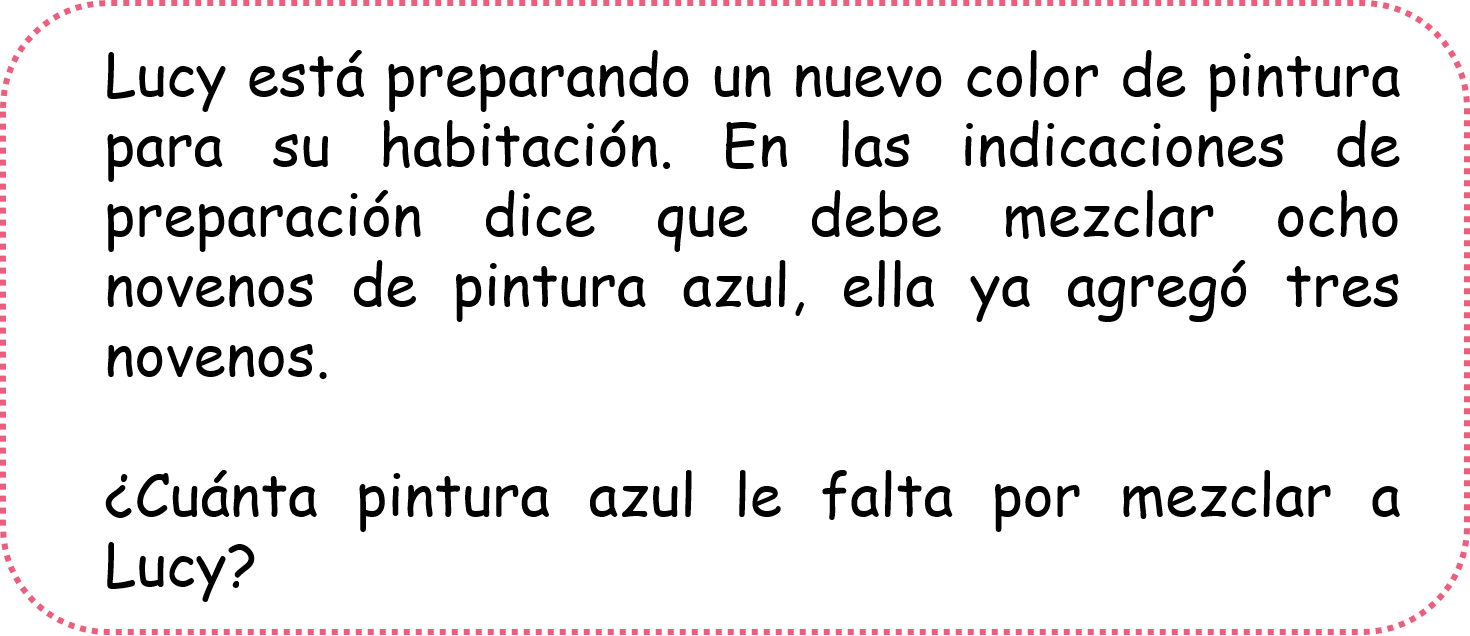 Situación problema de resta: Lucy está preparando un nuevo color de pintura para su habitación. En las indicaciones de preparación dice que debe mezclar ocho novenos de pintura azul, ella ya agregó tres novenos.

                    ¿Cuánta pintura azul le falta por mezclar a Lucy? 
