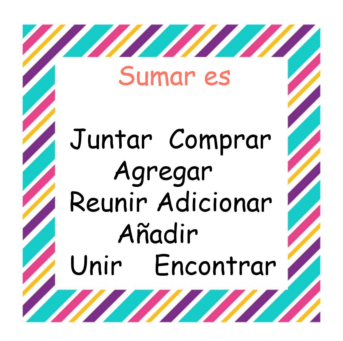 Sumas es: juntar, comprar, agregar, reunir, adicionar, añadir, encontrar, unir.