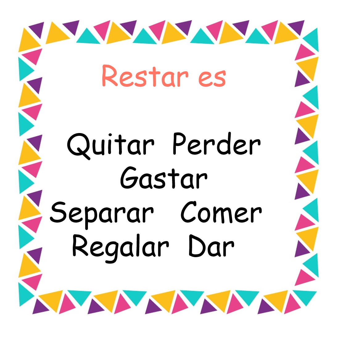 Restar es: quitar, perder, gastar, separar, comer, regalar, dar.