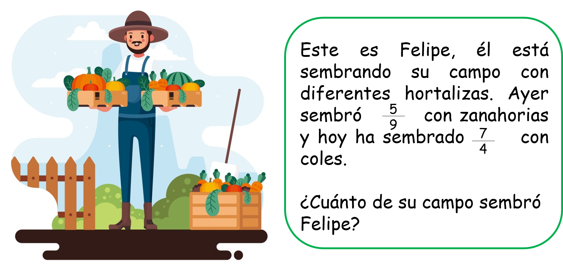 Este es Felipe, él está sembrando su campo con diferentes hortalizas. Ayer sembró cinco novenos con zanahorias y hoy ha sembrado siete cuartos con coles.  ¿Cuánto de su campo sembró Felipe?
                    