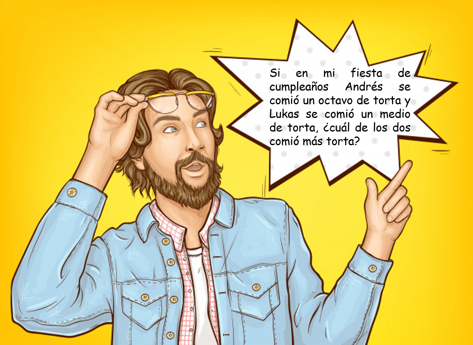 La imagen describe una situación problema:  Si en mi fiesta de cumpleaños Andrés se comió un octavo de mi torta y Lukas se comió un medio de mi torta, ¿Cuál de los dos comió más torta?